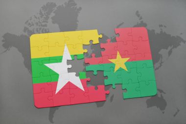 myanmar ve burkina faso ulusal bayrak bir dünya haritası üzerinde ile bulmaca