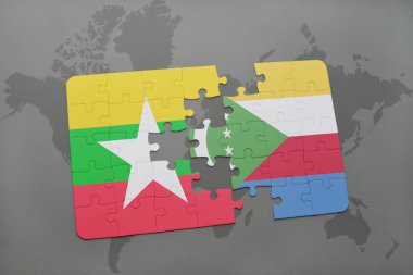 bir dünya haritası üzerinde myanmar ve Komor bayrağı ulusal ile bulmaca