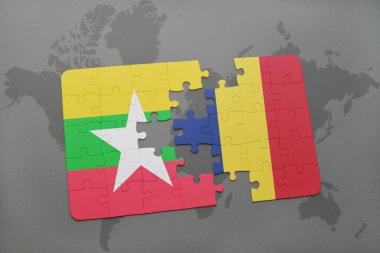 myanmar ve bir dünya haritası üzerinde Çad bayrağı ile bulmaca