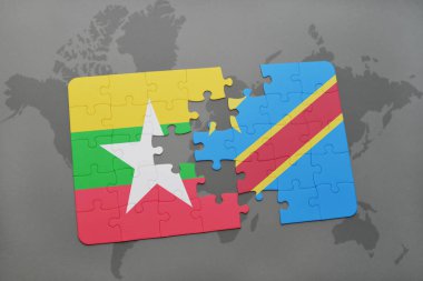 myanmar bayrağı ve bir dünya haritası üzerinde Kongo Demokratik Cumhuriyeti ile bulmaca
