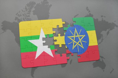 myanmar ve Etiyopya bir dünya haritası üzerinde bayrağı ile bulmaca