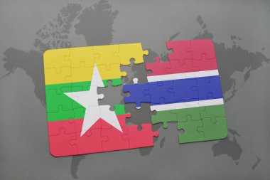 myanmar ve Gambiya ulusal bayrak bir dünya haritası üzerinde ile bulmaca