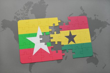 myanmar ve Gana bir dünya haritası üzerinde bayrağı ile bulmaca