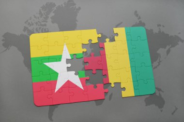 myanmar ve bir dünya haritası üzerinde Gine bayrağı ile bulmaca