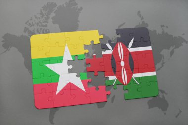 myanmar ve kenya ulusal bayrak bir dünya haritası üzerinde ile bulmaca