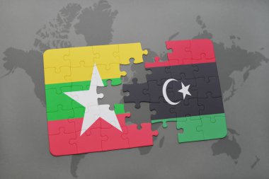 myanmar ve libya ulusal bayrak bir dünya haritası üzerinde ile bulmaca