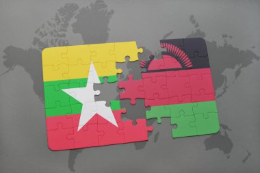 myanmar ve Malavi bir dünya haritası üzerinde bayrağı ile bulmaca