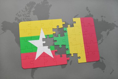 myanmar ve mali bir dünya haritası üzerinde bayrağı ile bulmaca