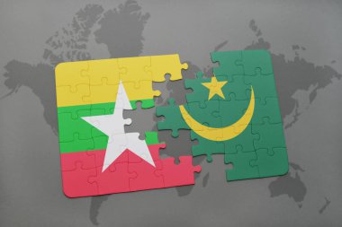 myanmar ve Moritanya ulusal bayrak bir dünya haritası üzerinde ile bulmaca