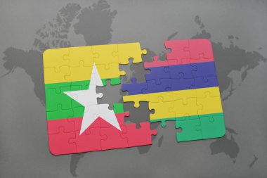 myanmar ve Türkiye ulusal bayrak bir dünya haritası üzerinde ile bulmaca