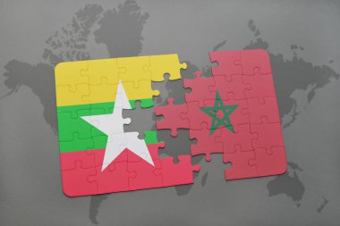 myanmar ve Fas bir dünya haritası üzerinde ulusal bayrak ile bulmaca