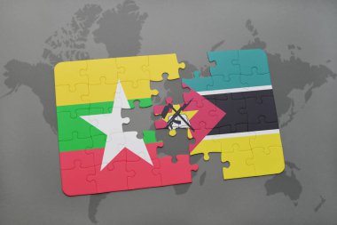 myanmar ve Mozambik bir dünya haritası üzerinde bayrağı ile bulmaca