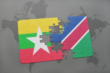 myanmar ve Namibya ulusal bayrak bir dünya haritası üzerinde ile bulmaca