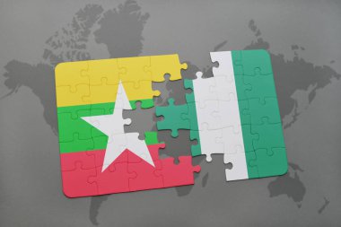 myanmar ve Nijerya ulusal bayrak bir dünya haritası üzerinde ile bulmaca