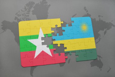 myanmar ve Ruanda bir dünya haritası üzerinde bayrağı ile bulmaca