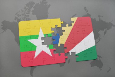 myanmar ve Seyşeller ulusal bayrak bir dünya haritası üzerinde ile bulmaca