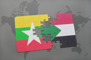 myanmar ve sudan bir dünya haritası üzerinde bayrağı ile bulmaca