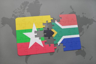 myanmar ve Güney Afrika ulusal bayrak bir dünya haritası üzerinde ile bulmaca