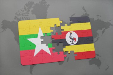 myanmar ve uganda ulusal bayrak bir dünya haritası üzerinde ile bulmaca