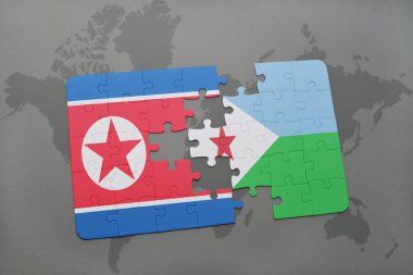 Kuzey Kore ve Cibuti ulusal bayrak bir dünya haritası üzerinde ile bulmaca