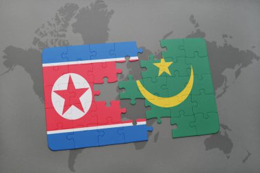 Kuzey Kore ve Moritanya ulusal bayrak bir dünya haritası üzerinde ile bulmaca