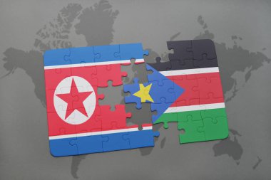 Kuzey Kore ve bir dünya haritası üzerinde Güney sudan bayrağı ile bulmaca