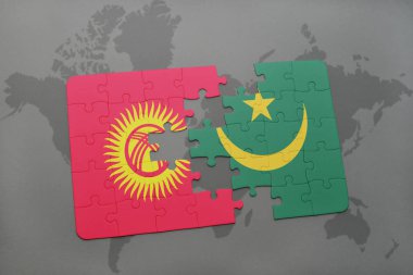 Kırgızistan ve Moritanya ulusal bayrak bir dünya haritası üzerinde ile bulmaca