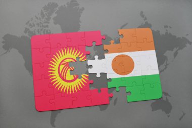 Kırgızistan ve Nijer bir dünya haritası üzerinde bayrağı ile bulmaca