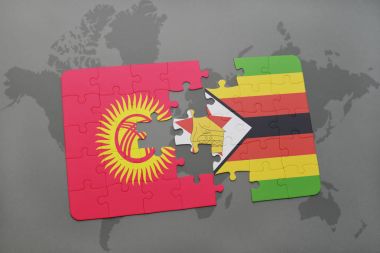 Kırgızistan ve Zimbabve Ulusal bayrak bir dünya haritası üzerinde ile bulmaca