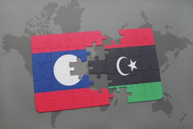 laos ve libya ulusal bayrak bir dünya haritası üzerinde ile bulmaca
