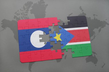 laos ve bir dünya haritası üzerinde Güney sudan bayrağı ile bulmaca