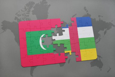 bir dünya haritası üzerinde Maldivler ve Orta Afrika Cumhuriyeti Ulusal bayrakla bulmaca