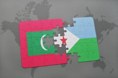 bir dünya haritası üzerinde Maldivler ve Cibuti bayrağı ulusal ile bulmaca