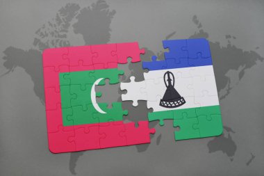 bir dünya haritası üzerinde Maldivler ve Lesoto bayrağı ulusal ile bulmaca