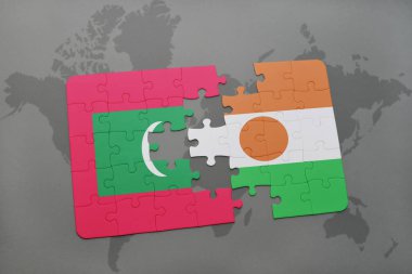 bir dünya haritası üzerinde Maldivler ve Nijer Ulusal bayrakla bulmaca