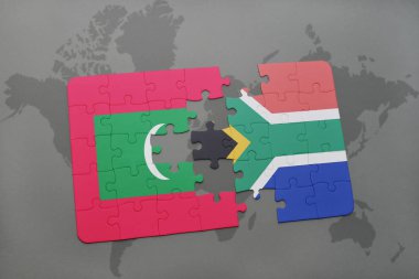 bir dünya haritası üzerinde Maldivler ve Güney Afrika'nın ulusal bayrakla bulmaca