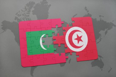 bir dünya haritası üzerinde Maldivler ve Tunus bayrağı ulusal ile bulmaca