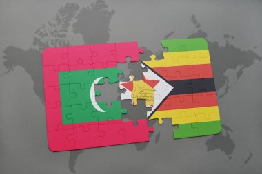 bir dünya haritası üzerinde Maldivler ve Zimbabve Ulusal bayrakla bulmaca