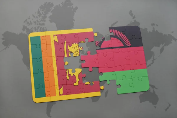 Puzzel met de nationale vlag van sri lanka en malawi op een wereldkaart — Stockfoto