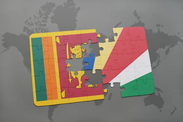 A nemzeti zászló, Seychelle-szigetek és Srí lanka a világtérképen puzzle — Stock Fotó