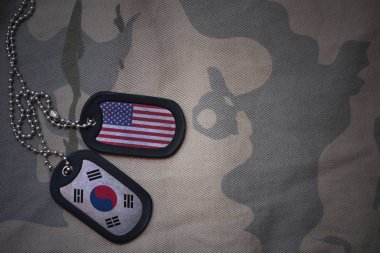 army blank, dog tag with flag of united states of america and south korea on the khaki texture background. military concept clipart