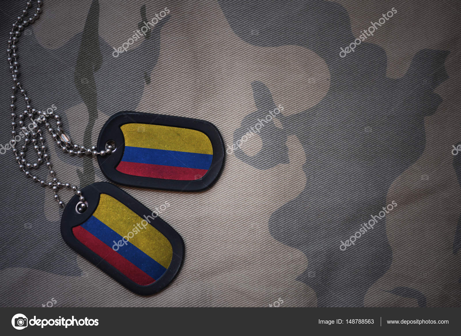 Army blank, dog tag with flag of colombia on the khaki texture background.  military concept Stock Photo by ©Ruletkka 148788563