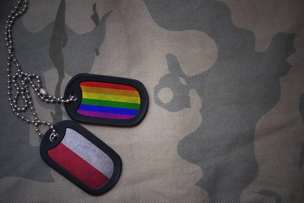 空軍、ポーランドとゲイの虹の旗を持つ犬タグはカーキ色テクスチャ背景のフラグです。ミリタリー コンセプト — ストック写真