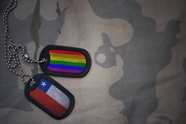 Армія пуста, тег собаки з прапором чилі та гей веселки на тлі текстури хакі. військова концепція — стокове фото