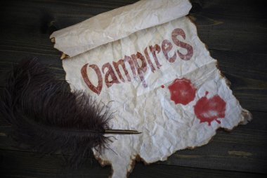 Text vampires and blood drops on vintage paper with old pen on the wooden texture desk clipart