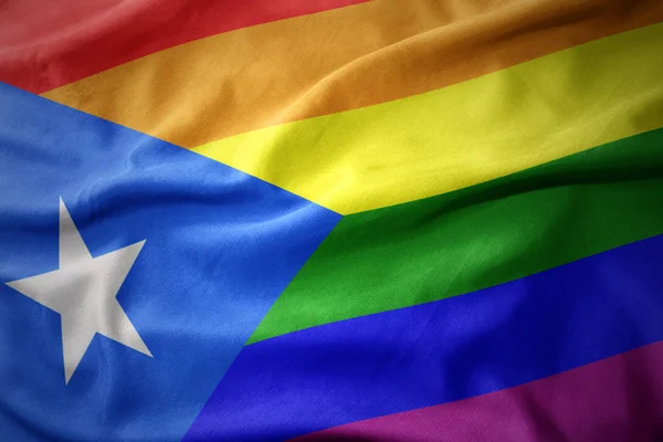 Waving puerto rico rainbow gay pride flag banner — Stock Photo, Image