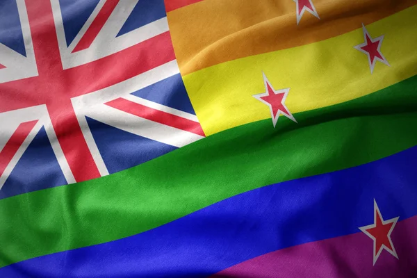 Waving new zealand rainbow gay pride flag banner — Stock Photo, Image