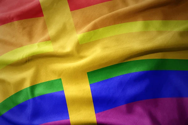 Waving sweden rainbow gay pride flag banner — Stock Photo, Image