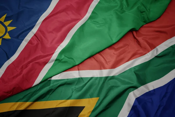 남아프리카 공화국의 다채 로운 깃발 과 나미 비아의 국기를 흔들고 있는 모습. — 스톡 사진