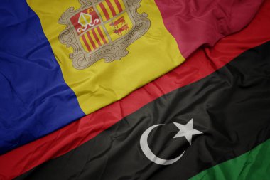Libya 'nın renkli bayrağı ve Andorra' nın ulusal bayrağı sallanıyor..